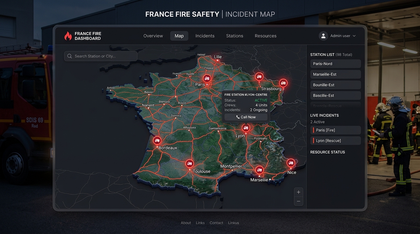 Carte des casernes de pompiers en France