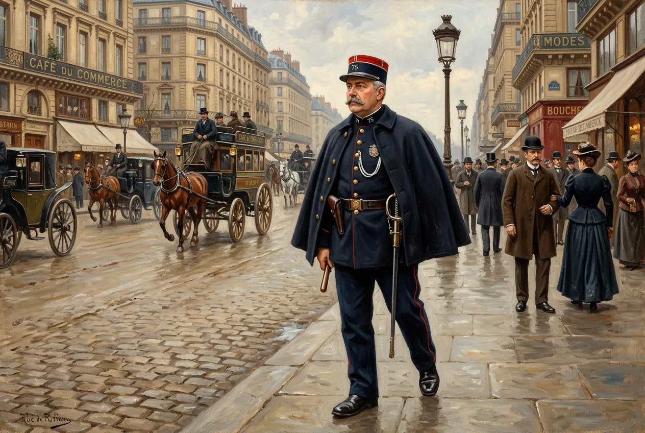 Policier de la Belle Époque vers 1900 en veste, cape et képi